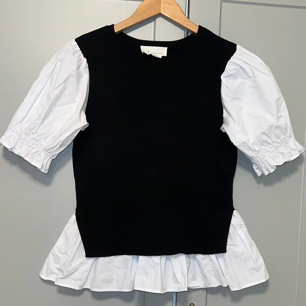 Anthropologie Black and White Ruffle Sleeve Blouse